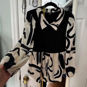 SHEIN Black White Abstract Print‎ Ribbed Knit Peplum Blouse Top Women L
